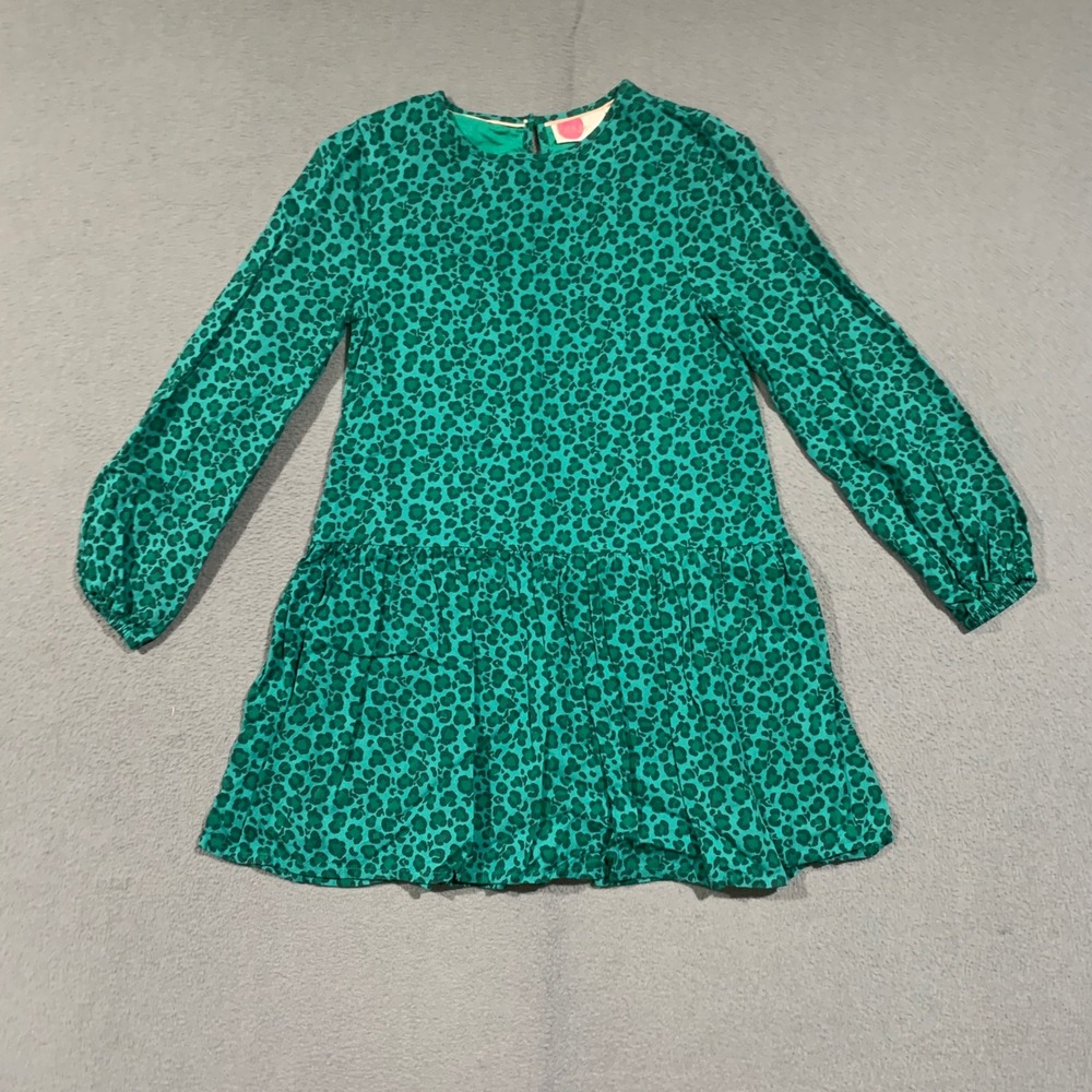 Boden Leopard Print Dress Girls 9-10Y Green Long Sleeve Drop Waist Mod Animal
